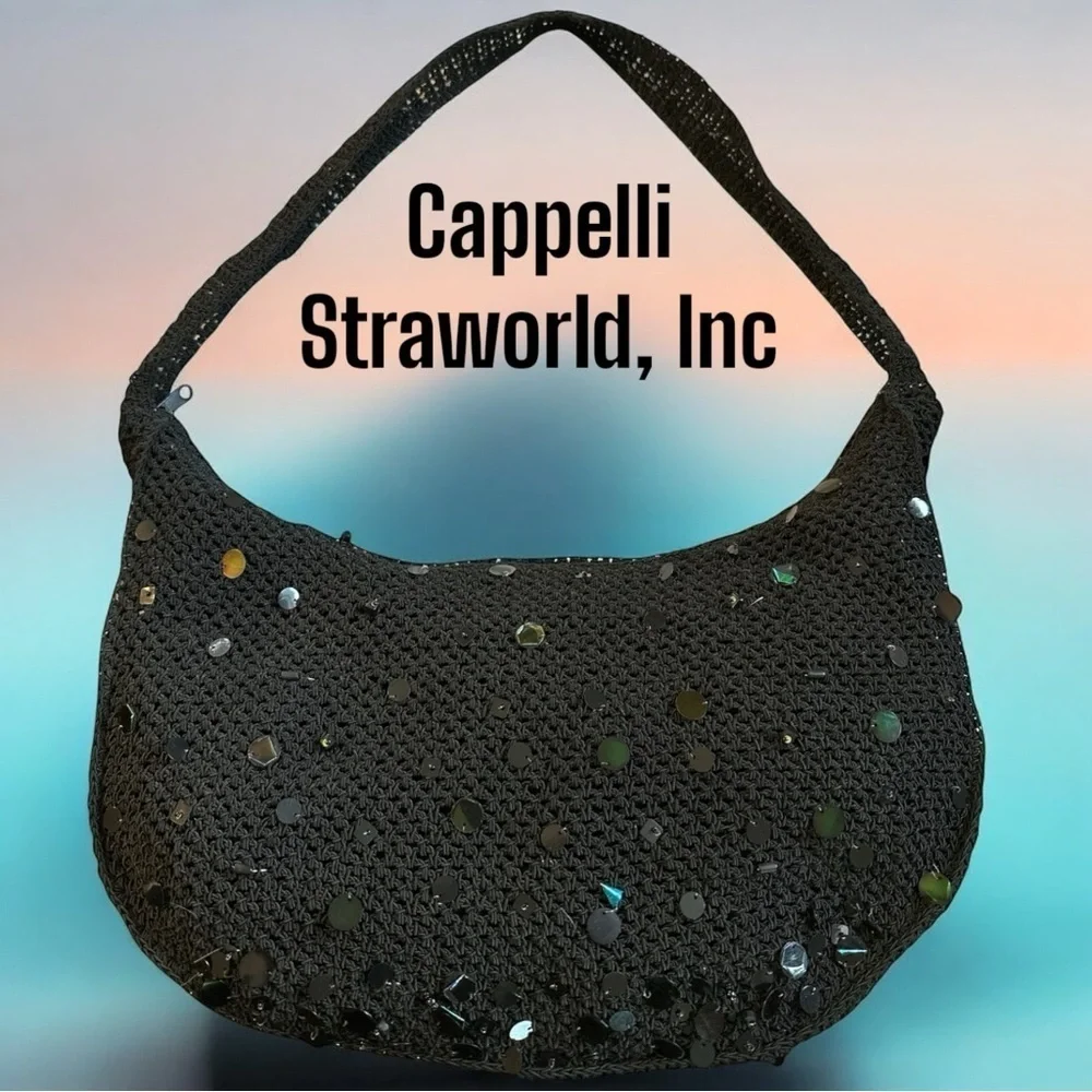 Cappelli Straworld Women's Black Crocheted Beaded Sequins Boho Y2K Shoulder Bag